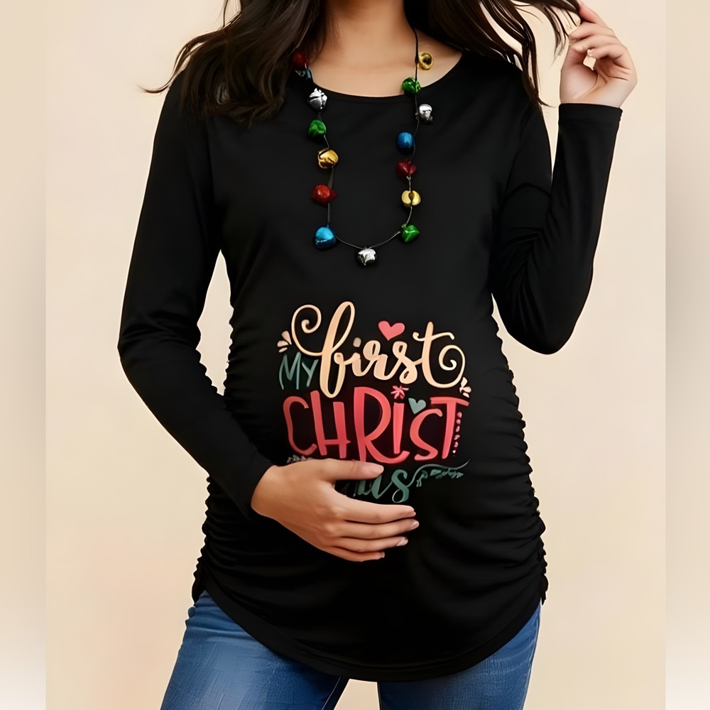 NWT Glamix "First Christmas" Black Ruched Sides Maternity Top - XL‎